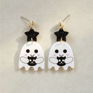 🎃🦇 HALLOWEEN 🦇🎃 Sparkly Accent Ghost Earrings w/ Black Cat - Acrylic